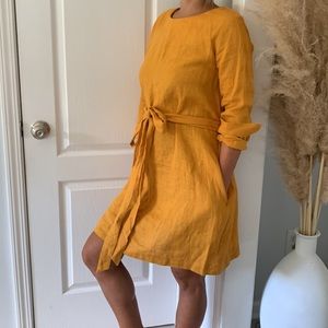 Nich Handmade 100% Linen Mustard Long Sleeve Dress Lagenlook summer fall size S
